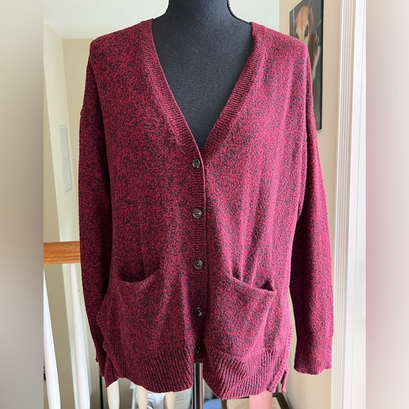 MADEWELL BURGUNDY BLK MARLED BUTTONDOWN VNECK CARDIGAN SOFT COTTON VISCOSE BLEND - Picture 1 of 8